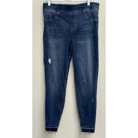 Spanx Jeans Womens Large Skinny Mid Rise Dark Wash Distressed Stretch 20203R - Picture 1 of 11